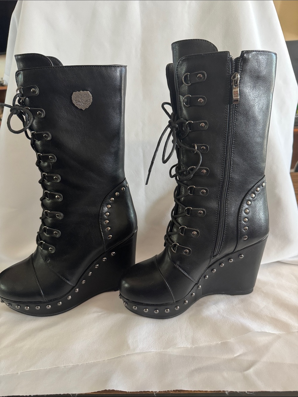 Black Studded Lace-Up Wedge Boots - Unbranded
